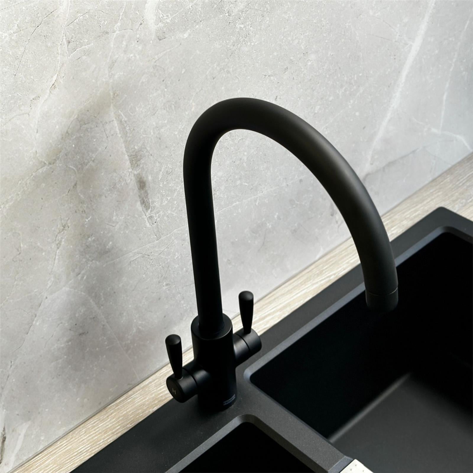Franke Ascona Swan Neck Swivel Spout Mono Mixer Twin Lever Black Kitchen Tap